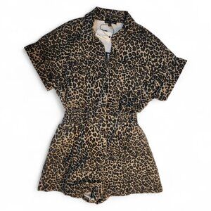 NWT Miou Muse Romper Size Medium Cheetah Print Brown Black Short Sleeve Shorts